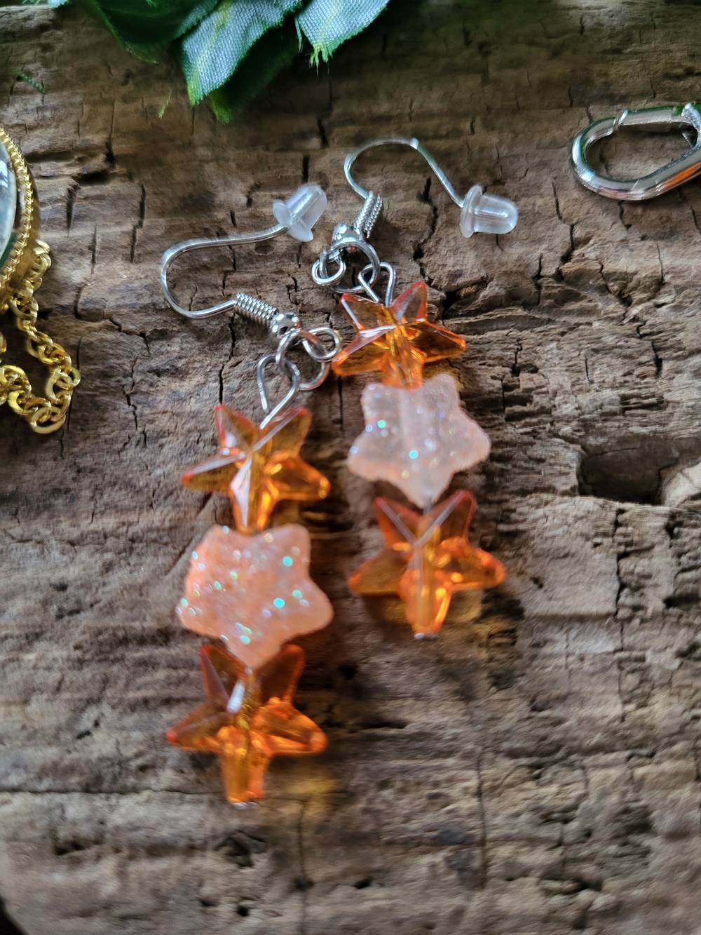 Orange and Glitter Star Dangle Earrings